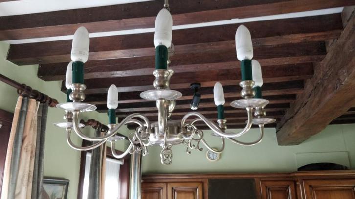 prachtige tinnen luchter met 8 armen, Huis en Inrichting, Lampen | Kroonluchters, Zo goed als nieuw, Overige materialen, Ophalen