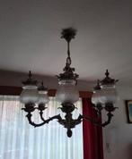 Luchter uit tin met 6 glazen lammenkapjes, Huis en Inrichting, Lampen | Kroonluchters, Ophalen, Gebruikt