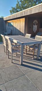 Tuintafel en 4 stoelen in teak, 180x90cm, goede staat., Tuin en Terras, Tuinsets en Loungesets, Ophalen, Gebruikt