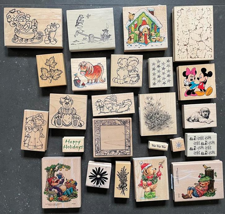Lot mounted rubber stempels, Hobby en Vrije tijd, Stempelen, Gebruikt, Houten stempel, Ophalen of Verzenden