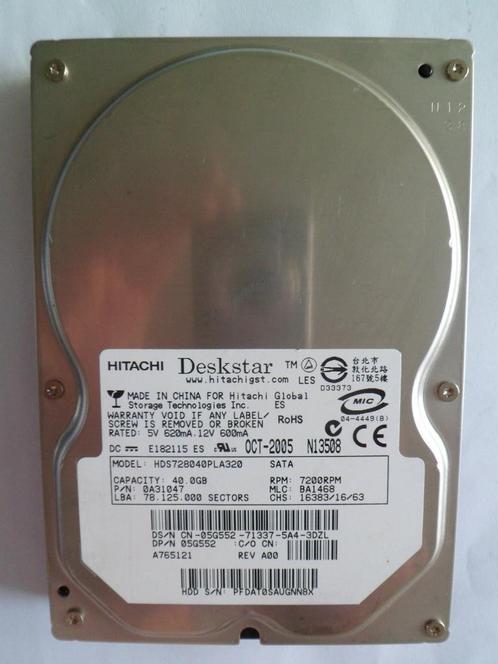 Harde Schijf Hitachi 40GB, 2MB Cache, 3.5Inch, 7200RPM,, Computers en Software, Harde schijven, Gebruikt, Intern, HDD, SATA, Ophalen of Verzenden