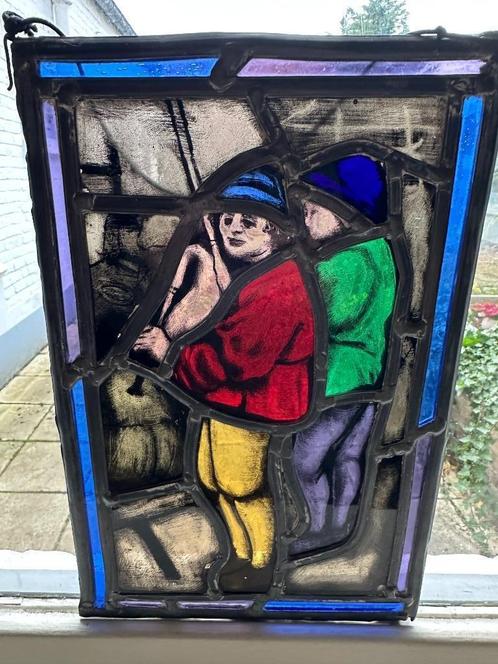 glasraam in lood – mannen met doedelzak, Antiek en Kunst, Antiek | Glaswerk en Kristal, Ophalen