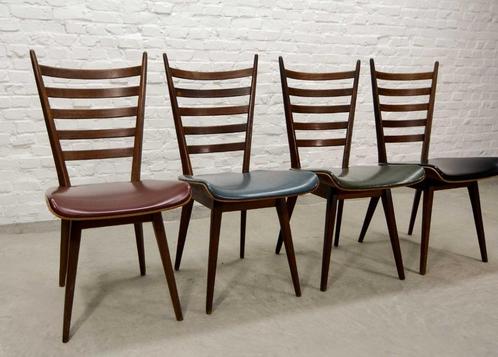 Set van 4 Teak eetkamerstoelen in Cees Braakman style, 1960s, Huis en Inrichting, Stoelen, Gebruikt, Vier, Hout, Kunststof, Overige kleuren