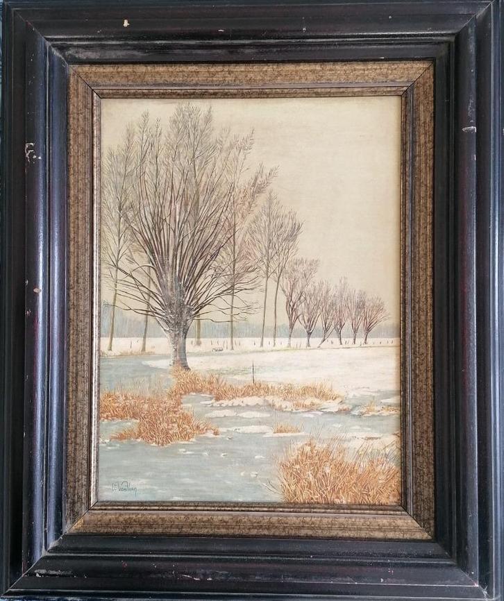 "Winterlandschap aan de bevroren ijs" schilderij op doek, Antiek en Kunst, Kunst | Schilderijen | Klassiek, Ophalen of Verzenden