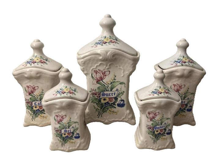 Set van 5 antieke Delfts Art aardewerken kruidenpotjes, Antiek en Kunst, Antiek | Keramiek en Aardewerk, Ophalen of Verzenden