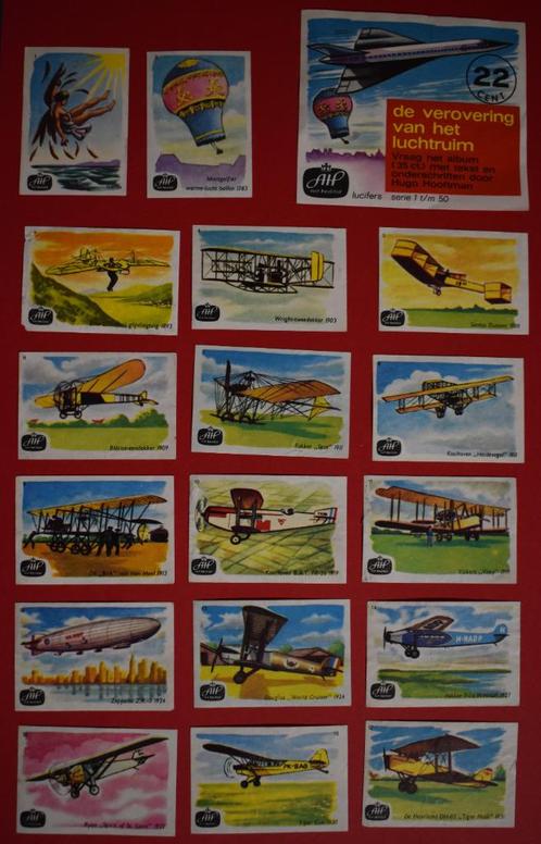 volledige reeks 50 lucifersetiketten luchtvaart 1963, Verzamelen, Rookartikelen, Aanstekers en Luciferdoosjes, Zo goed als nieuw
