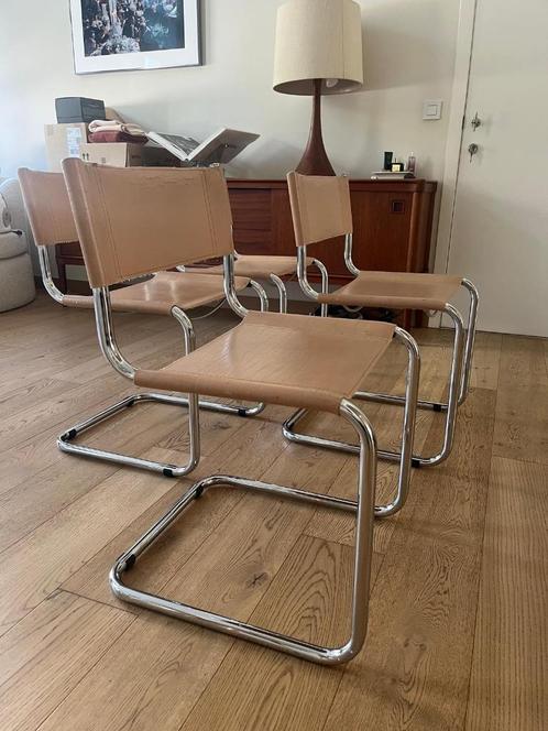 Set van 4 Vintage eetkamerstoelen (Sand), Huis en Inrichting, Stoelen, Gebruikt, Vier, Metaal, Bruin, Ophalen