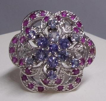 925 zilveren ring met 30 Robijnen en 13 Tanzanieten, Neuf, 18 à 19, Violet, Argent