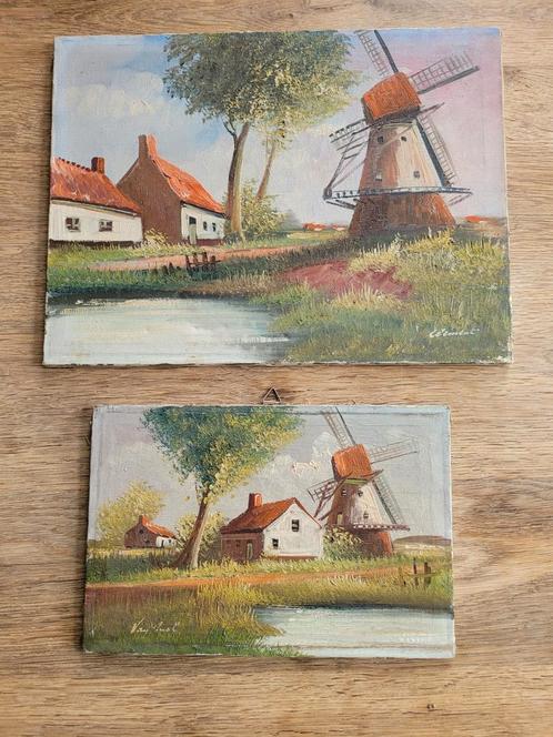 Set van 2 oude schilderijen op canvas, Antiek en Kunst, Kunst | Schilderijen | Klassiek, Ophalen of Verzenden