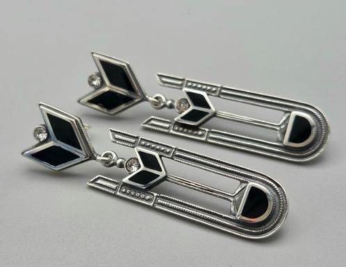 Zilveren Art Deco Oorbellen met Onyx en Swarovski. 2025/535, Handtassen en Accessoires, Oorbellen, Nieuw, Hangers, Zilver, Zilver