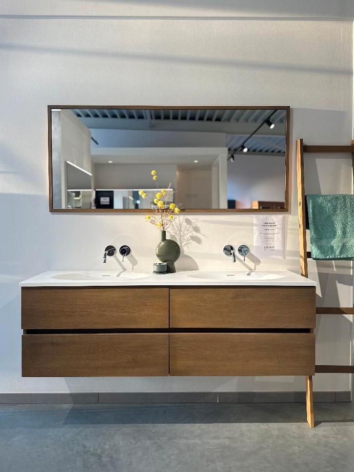 Massief eiken badkamermeubel 160 + Riho solidsurface tablet, Huis en Inrichting, Badkamer | Badkamermeubels, Nieuw, Wastafelkast