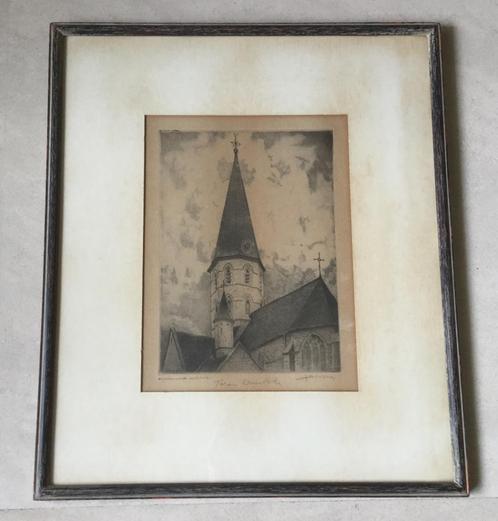 Ets van Juliaan Severin (1886-1975)Toren van Kruibeke gesign, Antiquités & Art, Art | Eaux-fortes & Gravures, Envoi