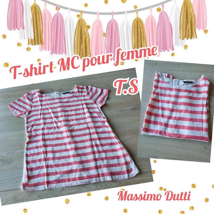 T-shirt MC pour femme-rose/blanc-Massimo Dutti-T.S, Vêtements | Femmes, T-shirts, Porté, Taille 36 (S), Rose, Manches courtes