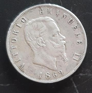 5 Lire 1869 Koning Vittorio Emanuele II Zilver 0.900 beschikbaar voor biedingen