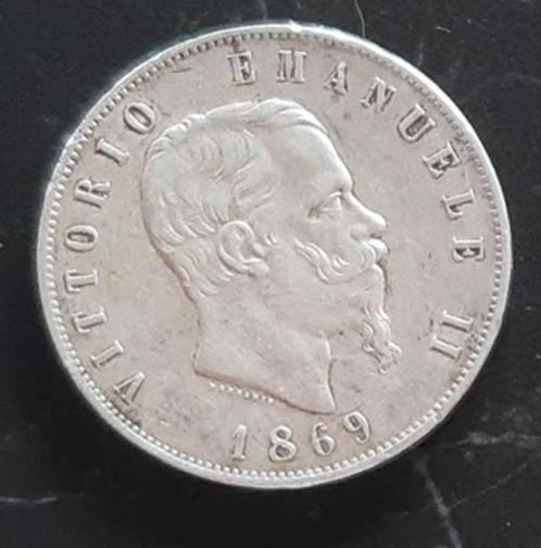 5 Lire 1869 Koning Vittorio Emanuele II Zilver 0.900, Postzegels en Munten, Munten | Europa | Niet-Euromunten, Losse munt, Italië
