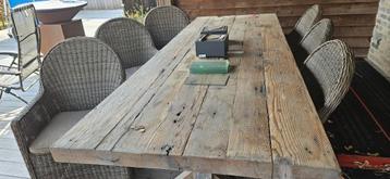 Grote eiken buiten tafel + stoelen, Tuin en Terras, Ophalen, Zo goed als nieuw
