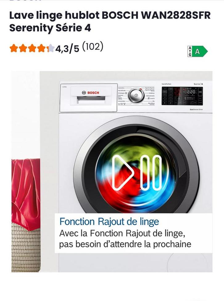 lave-linge hublot Bosch WAN2828SFR Série 4 classa A, Electroménager, Sèche-linge, Comme neuf, Enlèvement