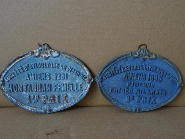 Antieke Franse plaquettes 1e en 2e prijs pluimvee en duiven, Antiek en Kunst, Curiosa en Brocante, Ophalen of Verzenden