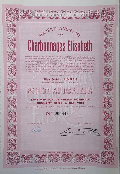 Charbonnages Elisabeth - Auvelais - action au porteur - 1947, Postzegels en Munten, Aandelen en Waardepapieren, Aandeel, 1920 tot 1950