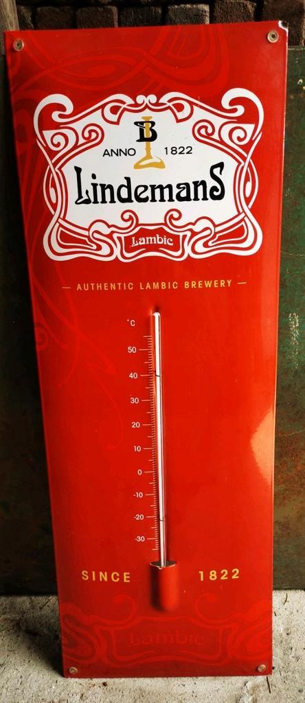 Lindemans temperatuurmeter geëmailleerde biermerk wandbord, Verzamelen, Merken en Reclamevoorwerpen, Zo goed als nieuw, Reclamebord