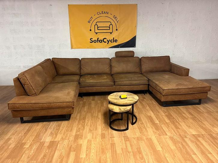 U - cognackleurige zetel met afritsbare kussens – SofaCycle, Huis en Inrichting, Zetels | Voetbanken en poefs, Zo goed als nieuw