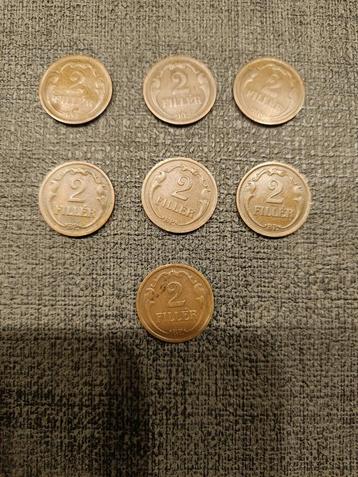 Hongarije. 2 Filler van 1926+1927+1928+1935+1936+1937+1938 beschikbaar voor biedingen