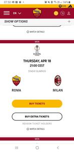2 tickets AS ROMA vs AC MILAN europa league, Tickets en Kaartjes, Sport | Voetbal, April