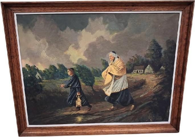 J. Denef geestelijke met misdienaar., Antiek en Kunst, Kunst | Schilderijen | Klassiek, Ophalen