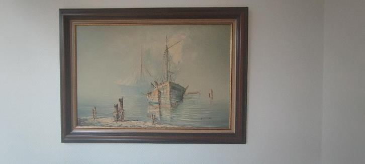 Grand tableau avec des bateaux 90x60 (avec cadre 108x78), Antiquités & Art, Art | Peinture | Classique, Enlèvement