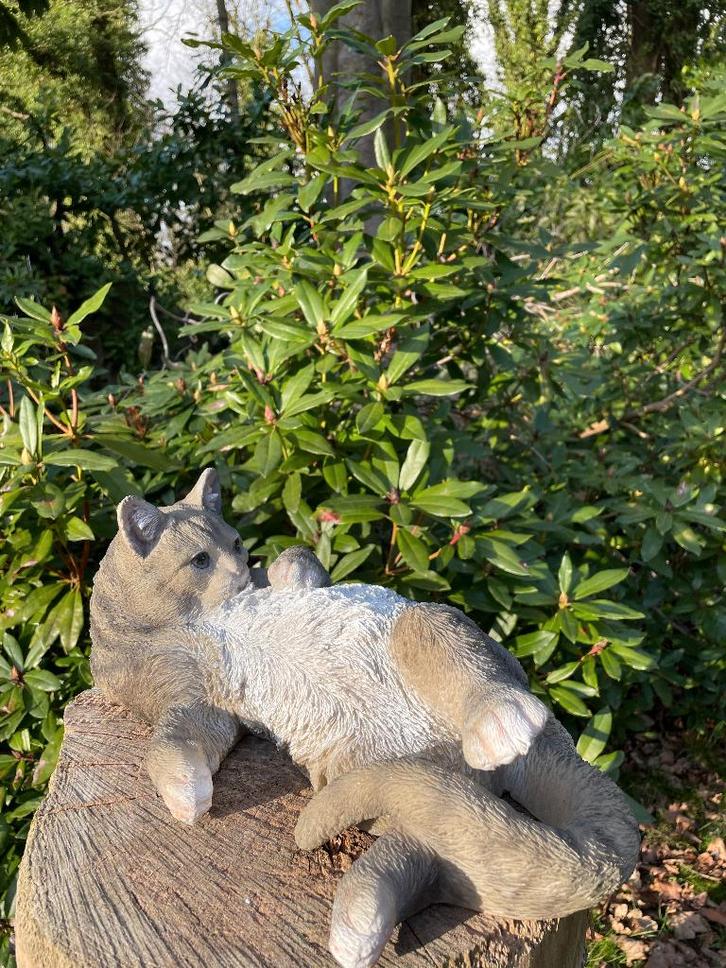 Chat, chat, couché, gris, jardin, pelouse, ferme 40 cm, Jardin & Terrasse, Statues de jardin, Neuf, Animal, Synthétique, Enlèvement ou Envoi