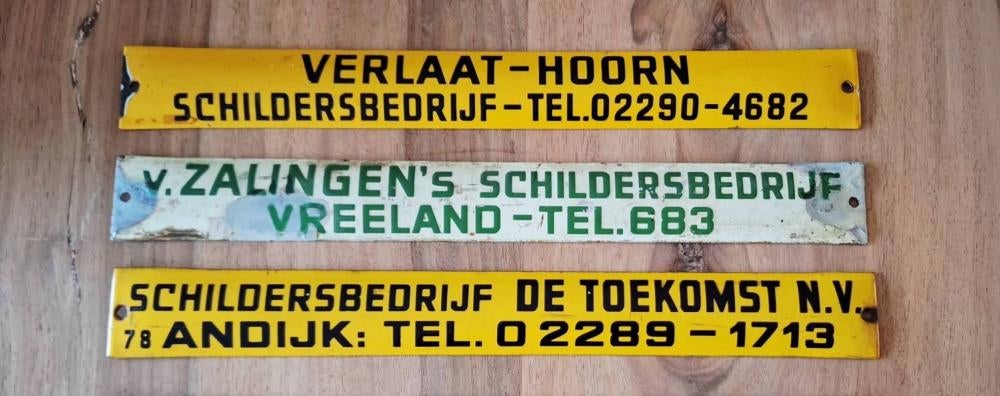 3 emaille schildersbord, reclamebordjes schildersbedrijven., Ophalen of Verzenden, Gebruikt, Reclamebord