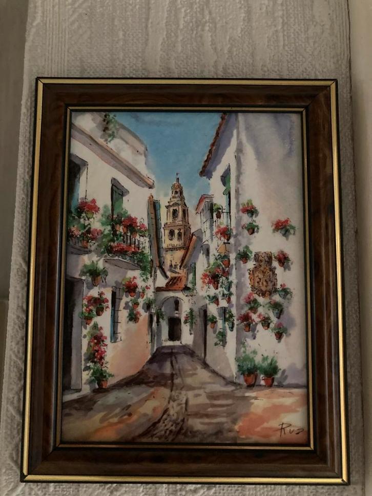 Spaanse Aquarel Calleja de las Flores (Córdoba) door G. Ruiz, Antiek en Kunst, Kunst | Schilderijen | Klassiek, Ophalen