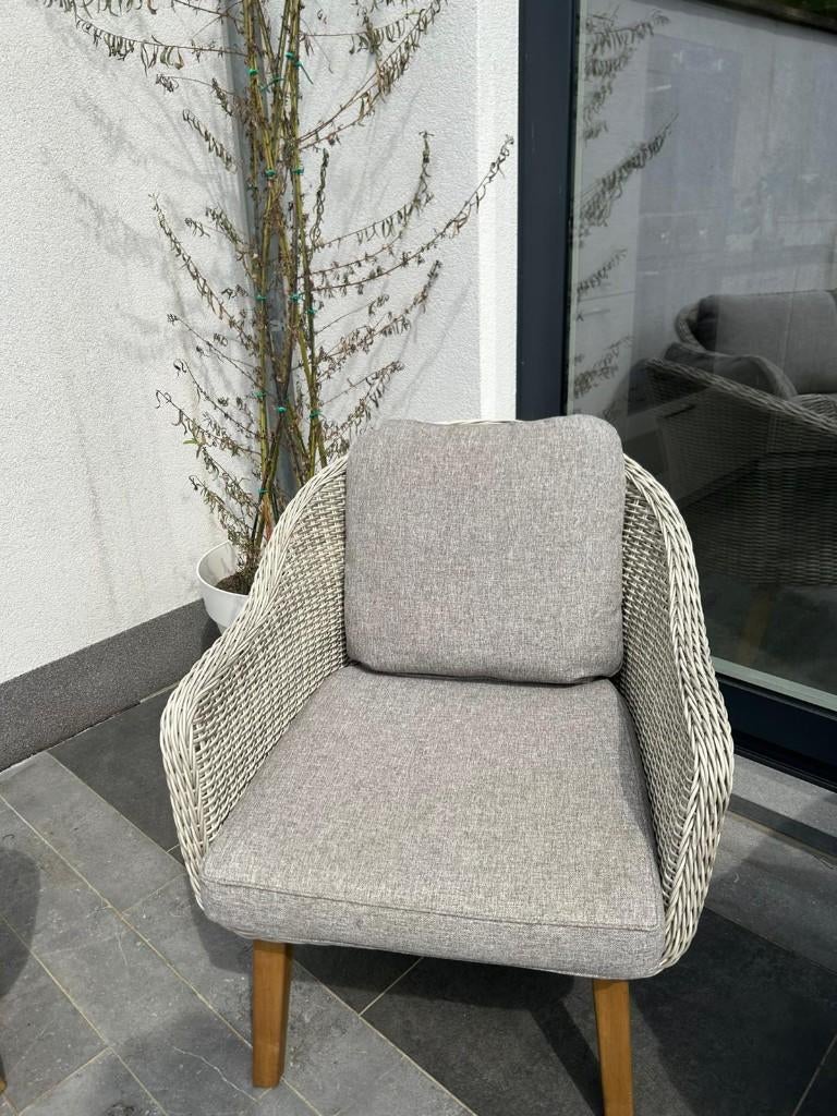 Canapé 3 places et 2 fauteuils avec coussins, 5 places, Salons de jardin, Comme neuf, Synthétique