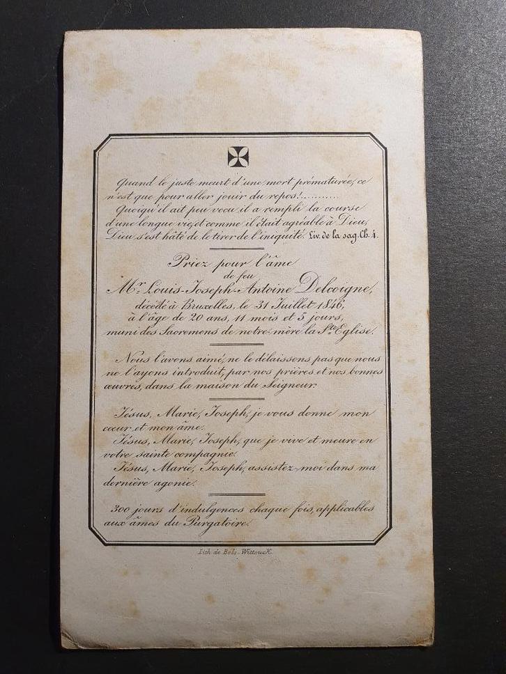 Groot (8,5x14,5cm) doodsprentje Louis Delcoigne Brussel 1846, Verzamelen, Bidprentjes en Rouwkaarten, Ophalen of Verzenden