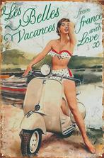 plaque murale vintage pin up en scooter en bois d albesia, Enlèvement ou Envoi