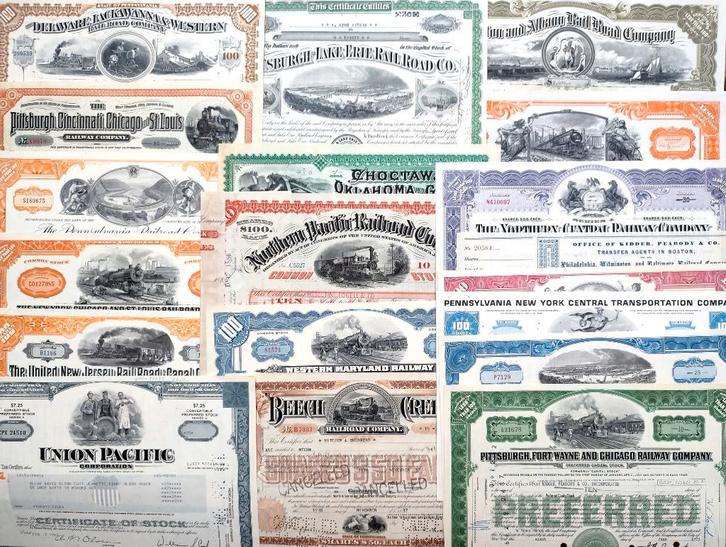 19 originele oude Amerikaanse spoorwegaandelen 1887-1983, Postzegels en Munten, Aandelen en Waardepapieren, Certificaat van aandeel