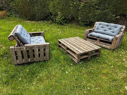 Salon de jardin en palette sur roulettes et coussins., Tuin en Terras, Tuinsets en Loungesets, Gebruikt, Hout, Ophalen