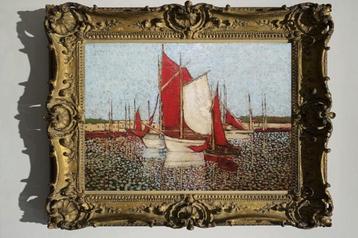 « Bateaux de pêche dans le port » Peinture impressionniste  