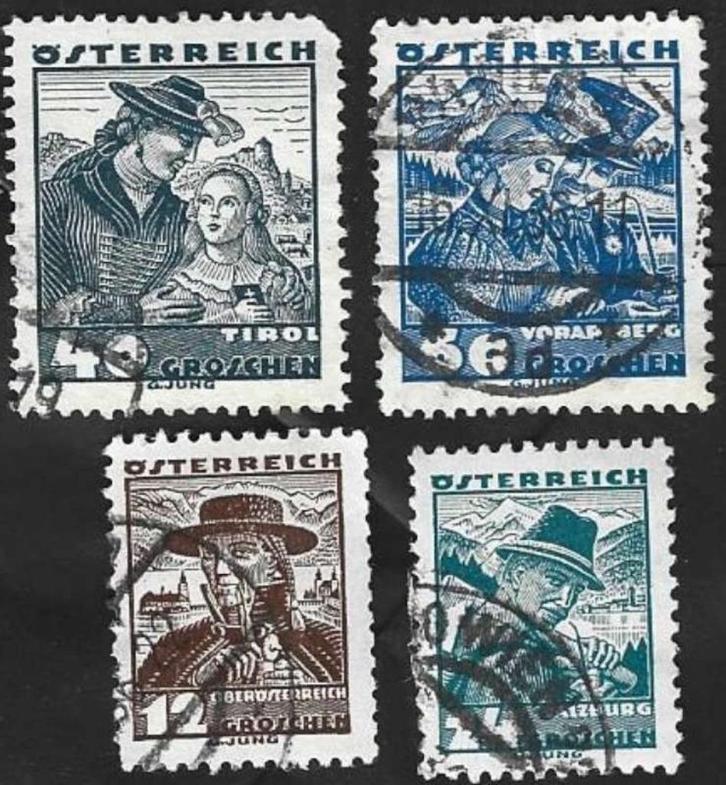 4 Postzegels Oostenrijk 1934 Klederdrachten, Postzegels en Munten, Postzegels | Europa | Oostenrijk, Gestempeld, Ophalen of Verzenden