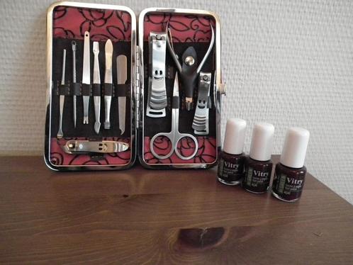 Klein manicurehoesje en 3 Vitry nagellakken in Acai-kleur, Handtassen en Accessoires, Uiterlijk | Lichaamsverzorging, Zo goed als nieuw