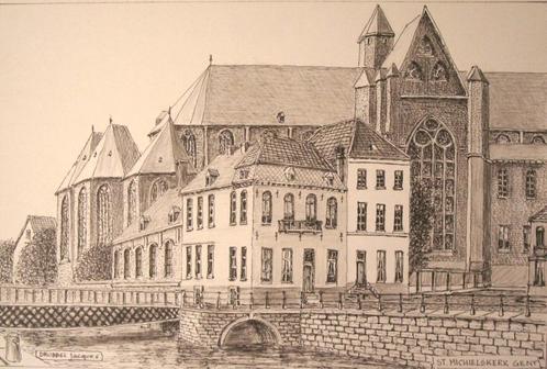 Pentekening Sint Michielskerk met brug te Gent, Antiquités & Art, Art | Peinture | Classique, Envoi