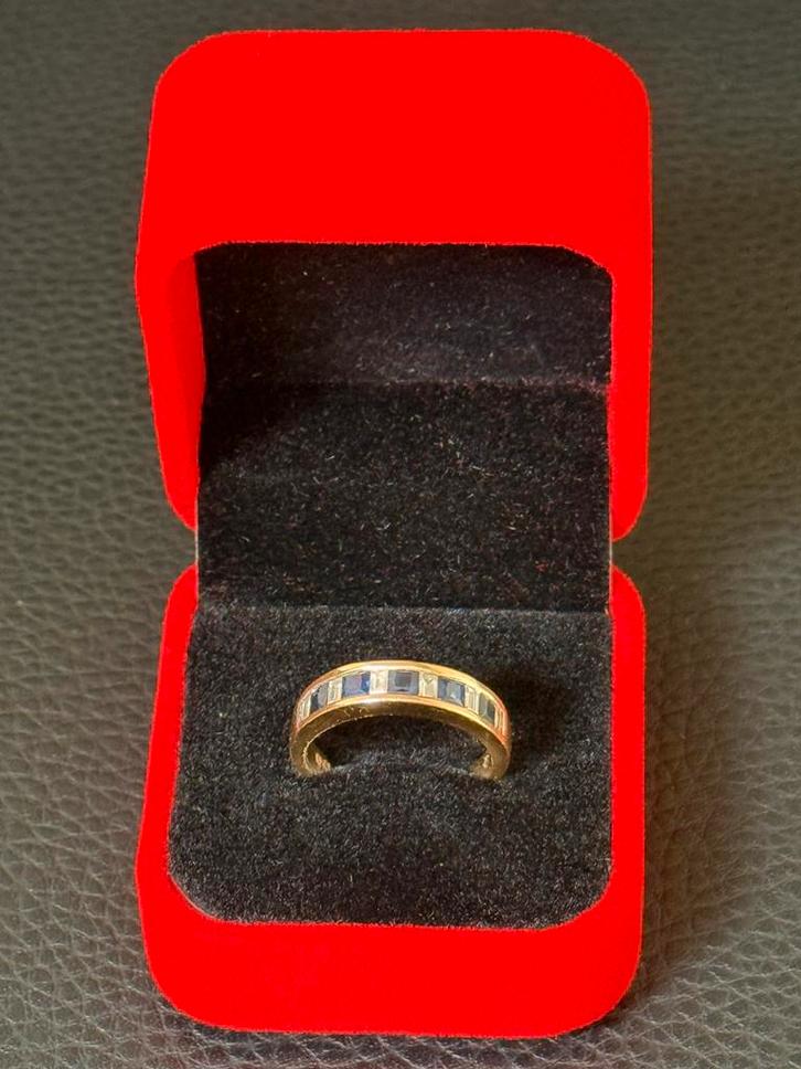 18 karaat gouden ring natuurlijke diamant en saffier 1.75ct!, Handtassen en Accessoires, Ringen, Dame of Heer, 18 tot 19, Geel