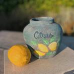 Rustiek mediterraans vaasje met citrusdesign!, Blauw, Aardewerk of Porselein, Ophalen of Verzenden, Zo goed als nieuw