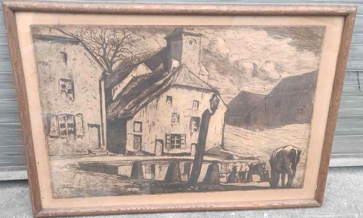 Gravure abreuvoir signe j philippe, Antiquités & Art, Art | Eaux-fortes & Gravures, Enlèvement ou Envoi