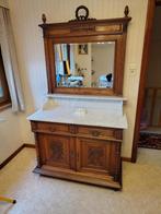 Antieke houten kast met marmeren blad en spiegel, Antiek en Kunst, Ophalen