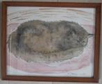 waterverf schilderij van slapende, dikke kat, Antiek en Kunst, Ophalen of Verzenden