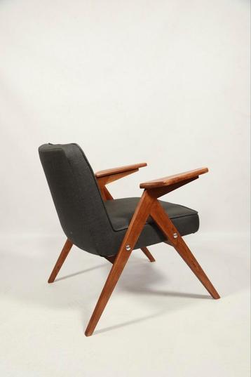 Vintage fauteuil grijze stof modern design 1962 gerestaureer