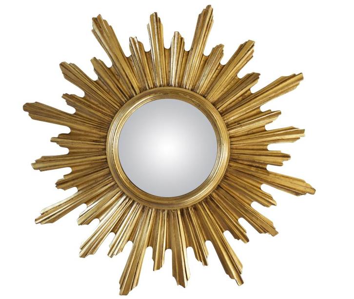 Franse vergulde Sunburst Convexe Spiegel, Antiek en Kunst, Antiek | Spiegels, 50 tot 100 cm, Minder dan 100 cm, Rond, Ophalen of Verzenden