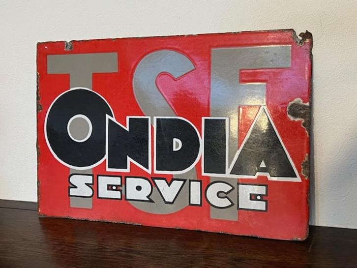 Oud emaillebord TSF Ondia Service, dubbelzijdig, Antiek en Kunst, Curiosa en Brocante, Ophalen