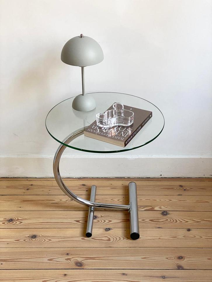 Vintage bijzettafel chroom glas, Huis en Inrichting, Tafels | Bijzettafels, Gebruikt, Rond, 45 tot 60 cm, Minder dan 55 cm, Glas